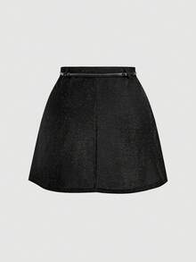 SHEIN MOD 大码红黑格子百褶低腰迷你裙，配两条皮带，适合度假穿着，女士服装 - 黑色 - 查看 2