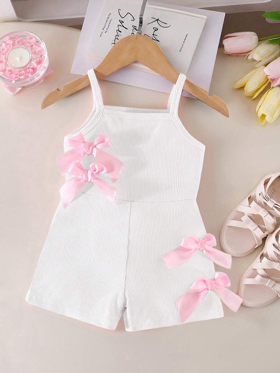 SHEIN Bộ áo liền quần ngắn không tay, chất liệu vải thun gân, trang trí nơ, màu hồng, thích hợp cho bé gái mùa hè, dự tiệc, quần áo mùa hè cho bé gái, áo liền quần cho bé gái sơ sinh, bộ áo liền quần cho bé gái mới sinh.