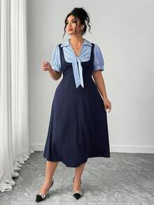 Elenzga Plus Size Fashionable Commuter Striped Shirt Dress - Multicolor - View 4