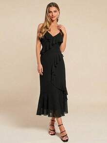 Amorya 女士长款雪纺吊带裙，无袖荷叶边鱼尾修身优雅连衣裙，适合日常穿着和约会 - 黑色 - 查看 8