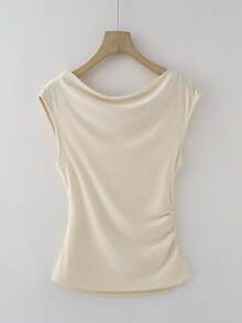 GlowEve 女士纯色褶皱领时尚优雅衬衫 - 杏色 - 查看 2