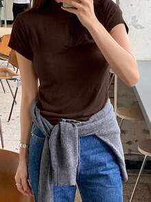 DAZY Women's Mock Neck Fitted Short Sleeve Base Layer T-Shirt Summer - Brown - View 5