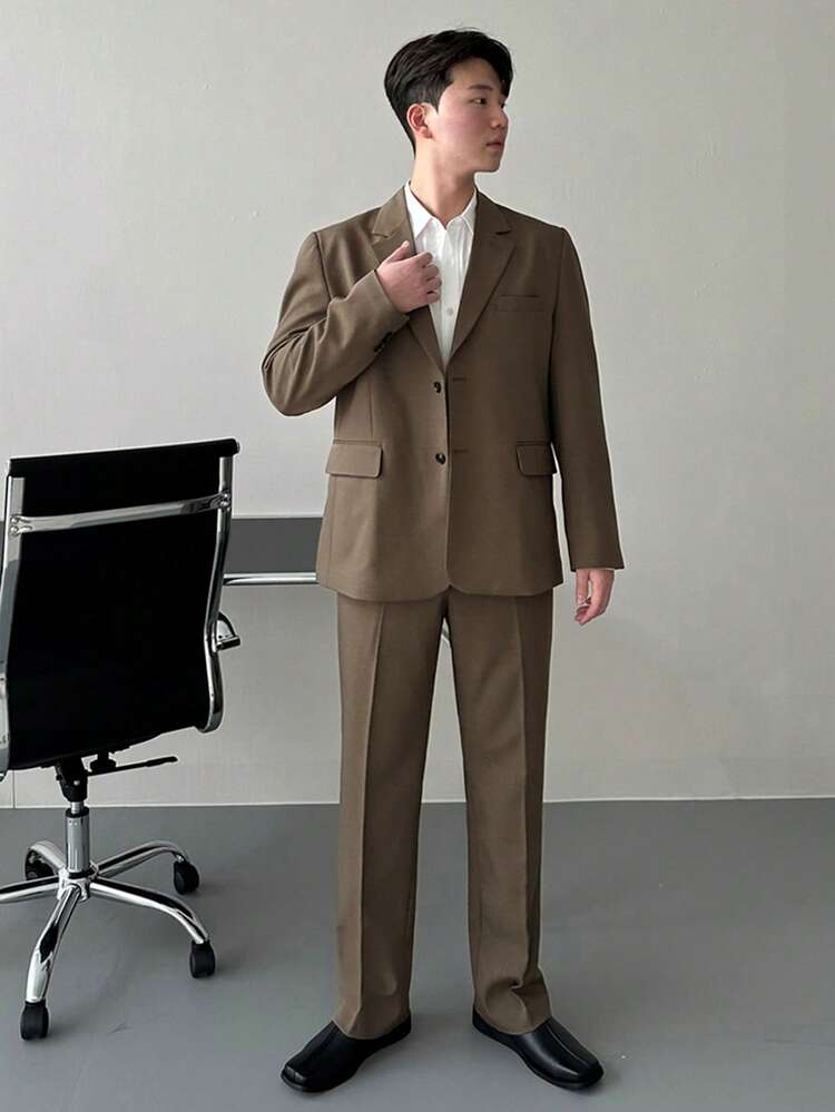Men's Solid Color Business Suit Set, Suitable For Spring And Autumn