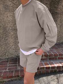 DAZY Men's Solid Gray Woven Long Sleeve Pullover Sweatshirt And Shorts Set, Spring/Summer - Grey - View 1