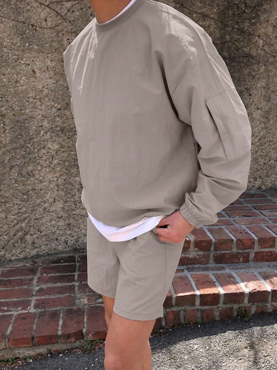 DAZY Men's Solid Gray Woven Long Sleeve Pullover Sweatshirt And Shorts Set, Spring/Summer - Grey - View 1