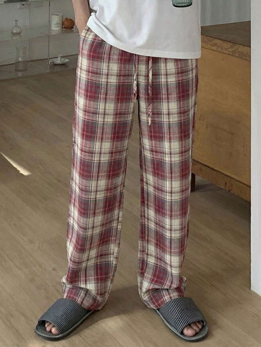 DAZY Pantalones de estar por casa de cuadros rojos con cintura elástica para hombre, primavera/verano - Rojo - Ver 1