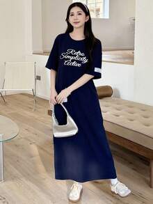 SHEIN Teen Girls' Knitted Navy Blue Short Sleeve Letter Print Patch Pocket Loose Long Casual Minimalist Dress - Royal Blue - View 5