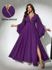 Viva Relle 大码女士优雅浪漫奢华派对、新年、节日、婚礼长袖V领收腰A字长裙，春秋季 - 紫色 - 查看 1