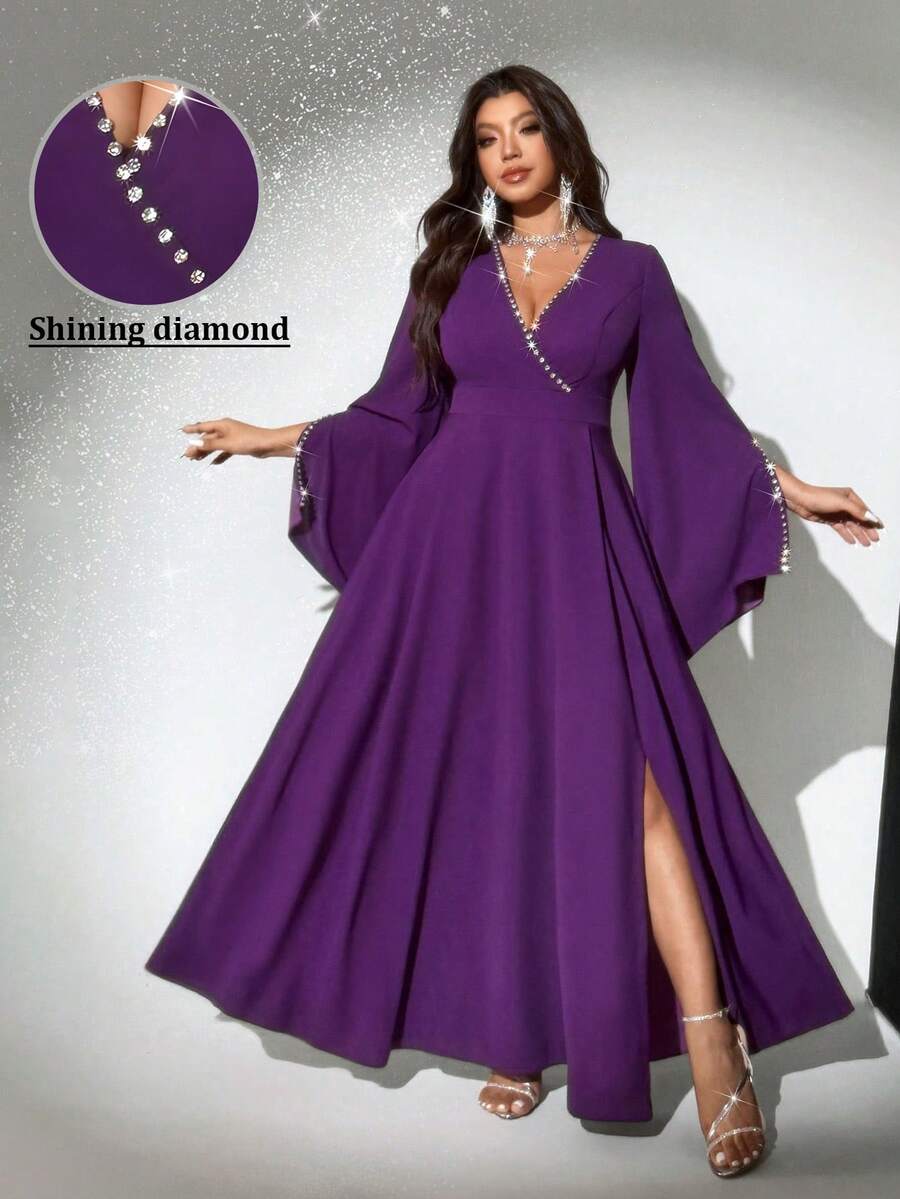 Viva Relle 大码女士优雅浪漫奢华派对、新年、节日、婚礼长袖V领收腰A字长裙，春秋季 - 紫色 - 查看 1