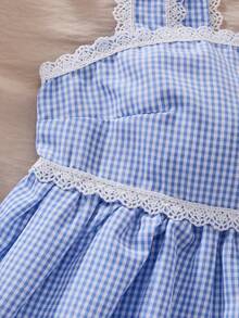 Reset Phase 少女休闲日常时尚蓝白格子荷叶边衬衫，配蝴蝶结肩带，适合外出和日常穿着 - 白色 - 查看 7