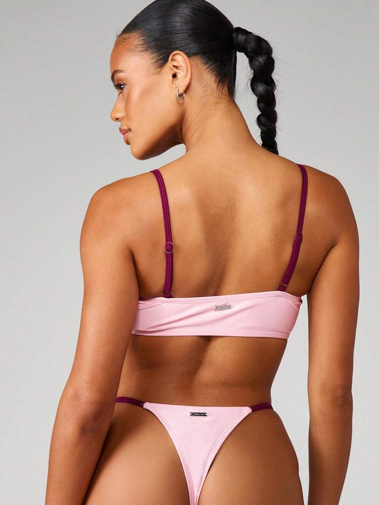 Missguided x Playboy Beach Women's Two Piece Scoop Neck Spaghetti Strap Bikini Set With Contrast Purple Straps And Text Print Details Summer Swimwear
