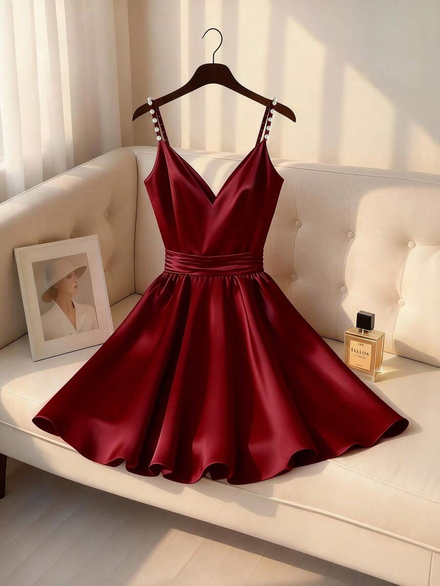 Franclia Vestido corto de satén burdeos con decoración de burbujas elegante y romántica para mujer, primavera/verano - Burdeos - Ver 1