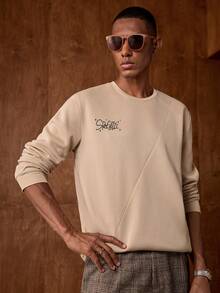 AKNOTIC Business Casual 男士休闲日常通勤简约字母印花圆领卫衣，春秋季 - 卡其色 - 查看 3