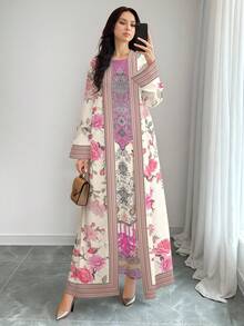 SHEIN Najma 女士优雅花卉数码印花圆领长款连衣裙和长款开衫两件套，春夏休闲装 - 彩色 - 查看 4