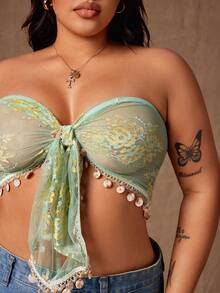 Rustia Áo croptop cỡ lớn kiểu dáng gợi cảm với tua rua và họa tiết xoắn phía trước. - Nhiều màu - Xem 5