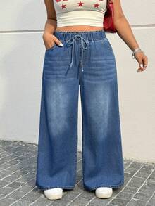 Muchica Plus Size Women's Fashion Washed Straight Pocket Jeans Date, Commute, Party,Fall /Autumn/Winter/Summer,Christmas,New Year,Thanksgiving,Party,Wedding,Beach,Graduati,Chic,Elegant,Casual,Going Out,Date,Appointment,Commute,Shining,Valentine's Day,Elegant ,Vacation,Casual,Y2k,Sexy - Blue - View 5