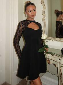 Glamine Elegant Party Lace Patchwork Long Sleeve Hollow Out A-Line Mini Dress, Suitable For Party, Everyday, And Evening Occasions - Black - View 4