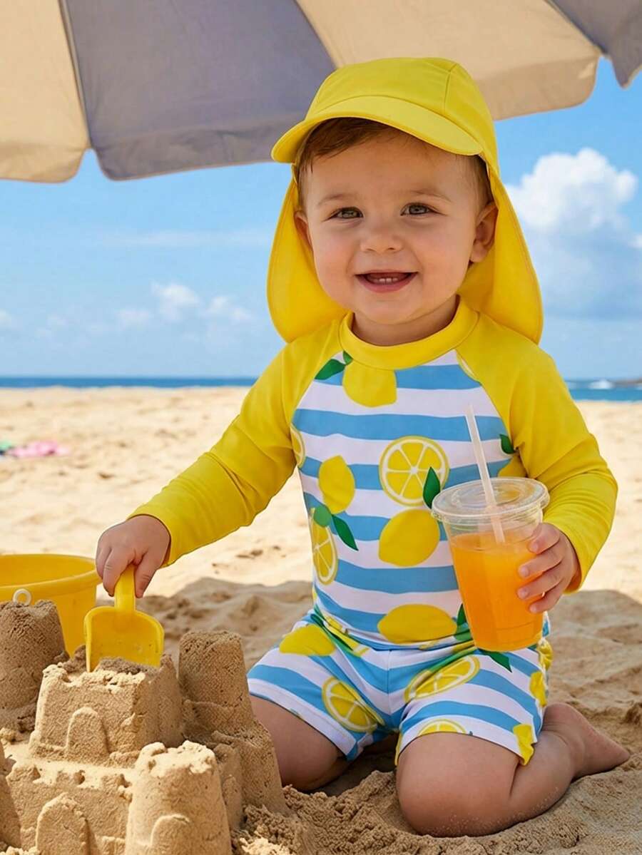 SHEIN 3pcs/Set Baby Boy/Girl Casual Vacation Cute Lemon Stripe Patchwork Rash Guard Swimsuit Set, Long Sleeve Sun Protection Swimwear, Suitable For Spring/Summer/Autumn/Winter Swimming, Surfing, Beach, Hot Spring