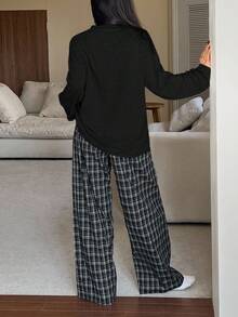 DAZY 女士宽松舒适格子印花长袖上衣和裤子两件套睡衣套装，秋季 - 黑色 - 查看 2