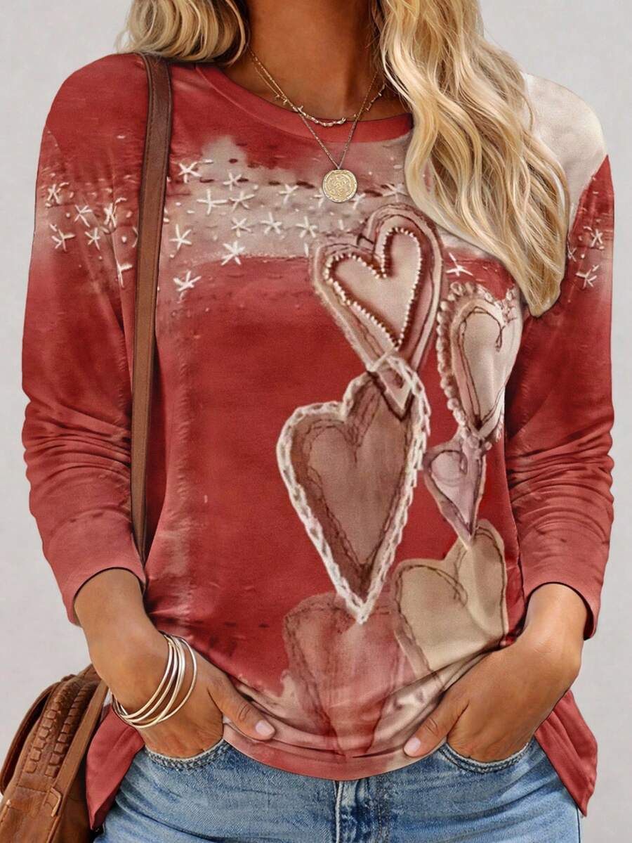 EMERY ROSE Kaos Lengan Panjang Leher Bulat Vintage Warna Pink dengan Motif Hati, Cocok untuk Musim Semi dan Musim Gugur - Merah - View 1