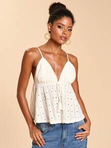 Travachic Women's Vacation Waist Tassel Tie Textured Camisole - White - View 3