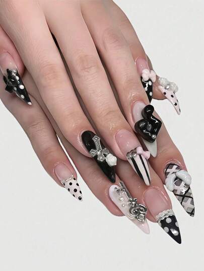 ROMWE Anime 10pcs Y2K Retro Star, Polka Dot, Striped, Pop Art, Grunge, Music Note Decorative False Nails, Handmade, Suitable For College, Music Festivals, Dates, Etc.