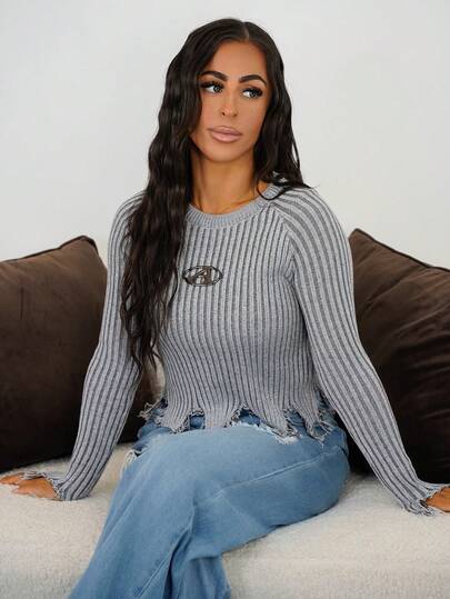 SAYEHFBABY Striped Pattern Distressed Sweater In Fall/Winter