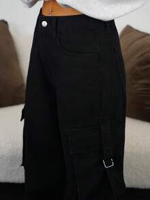 SAYEHFBABY 水洗纯色口袋休闲直筒牛仔裤 - 黑色 - 查看 3