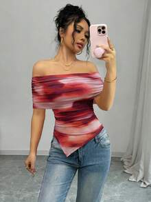 Olithes Camiseta ajustada con cuello cuadrado, hombros descubiertos y dobladillo fruncido, elegante para mujer, primavera/verano - Púrpura malva - Ver 4