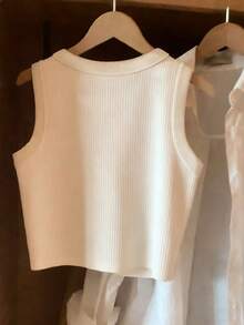 GlowEve 女士纯色圆领罗纹休闲背心 - 白色 - 查看 2