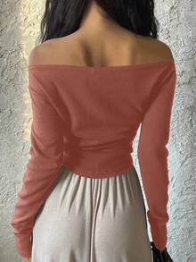 DAZY Women's Off Shoulder Solid Color Long Sleeve Curved Hem Simple Design T-Shirt - Orange - View 3