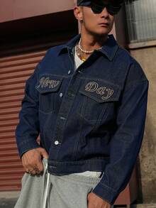 DAZY Men's Short Denim Jacket With Letter Embroidery, Navy Blue, Spring/Autumn - Blue - View 7