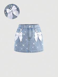 Girlism Tween Girl Spring Summer Elegant Light Washed Distressed Boho White Bowknot Blue Denim Skirt With Pocket Insert, Faux Pearl, And Frayed Hem, For Dailywear Spring Summer And Back To School - Light Wash - View 2