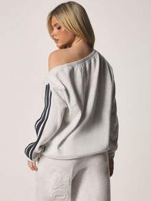 Missguided x Playboy Los Angeles Off Shoulder Varsity Sweatshirt With Stripe Sleeve Detail Long Sleeve Casual Pullover - Light Grey - View 3