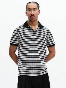 SUMWON Checkerboard Stripe Short Sleeve Polo Shirt With Classic Collar And Button Placket For Casual Summer Spring Everyday Wear - Black and White - View 1