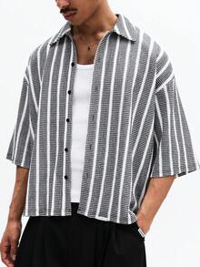 SUMWON Oversized Button Down Shirt With Vertical Stripes Short Sleeve Casual Collared Top Summer Relaxed Fit Woven Fabric Vacation - Black and White - View 5