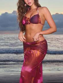 Swim Vcay 3pcs Women's Swimwear Set: Burgundy Pearl Flower Mesh Coverup, Low Waist Skirt, Pearl Vacation Beach - Burgundy - View 8