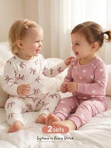 Cozy Pixies 4 pezzi Set pigiama da bambina con maglietta a girocollo in maglia morbida con cuori e fiocchi, e leggings in vita elastica, aderente - Rosa - Visualizzare 1