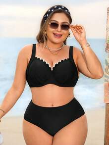 Swim Lushoire Áo bikini đi nghỉ mát cỡ lớn dành cho nữ, có gọng nâng ngực, kiểu dáng tối giản và thanh lịch theo phong cách châu Âu. - màu đen - Xem 6