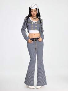 ROMWE Grunge Punk Spring/SummercasualNautical Navy Style Metal Chain Pendant Retro Flare Leg Low Waist Pants - Blue and White - View 3