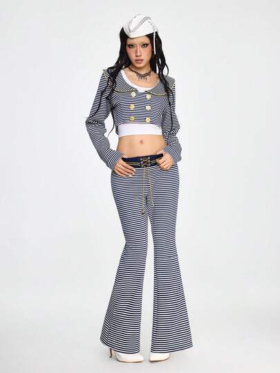 Grunge Punk Pantalones de pierna acampanada de cintura baja con colgante de cadena de metal estilo náutico azul marino retro
