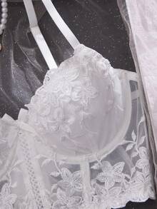 1pc White Romantic Sheer Cup Longline Bra, Suitable For Weddings, Intimate Wear - White - View 3