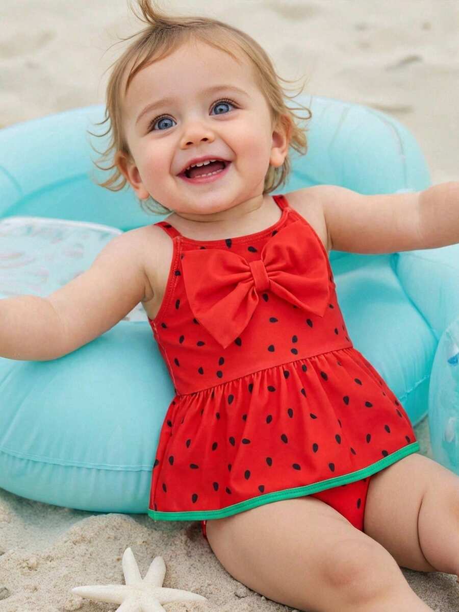 SHEIN 1-Pack Baby Girl Cute Watermelon Pattern Casual Knitted Bow Color Matching Sling Swimsuit Suitable For Vacation And Play Suitable For Spring And Summer - Red - View 1