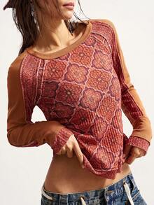 Bohemela 女士休闲针织拼接长袖圆领修身水洗T恤 - 黃色 - 查看 1