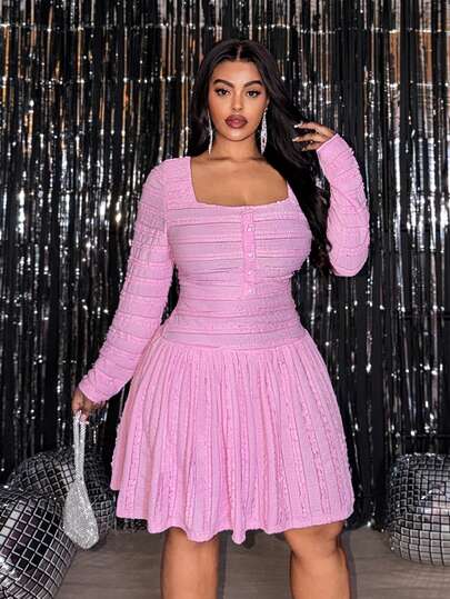 Veslaya 2026 Spring/Summer New Elegant & Romantic & Cute & Date & Party & Little Black Dress & Birthday Party & Gathering & Graduation Season Collegiate Style Student Wear Daily Outfit Versatile Romantic Valentine's Day Fitted Solid Pink Long Sleeve Decorative Hem A-Line Knit Textured Fabric Plus Size Mini Dress Short Dress