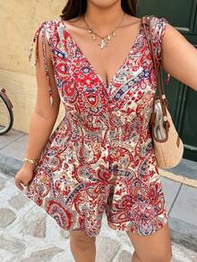 Ceyna 女士加大码波西米亚风印花系带露背无袖短款连体裤，多色编织面料，重叠领设计，适合度假穿着，适合身材丰满的女性，夏季加大码度假装 - 彩色 - 查看 5