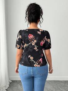 Elenzga Blusa romántica de manga corta con cuello cuadrado, estampado floral elegante y de moda para mujer de talla grande, primavera/verano - Negro - Ver 2