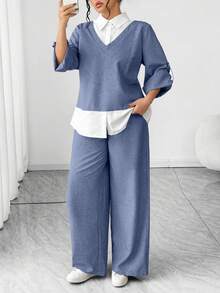 Elenzga Bộ đồ thể thao 2 trong 1 dành cho nữ cỡ lớn, tay áo bo gấu, kiểu dáng thường ngày gồm áo và quần ống rộng. - Nhiều màu - Xem 3