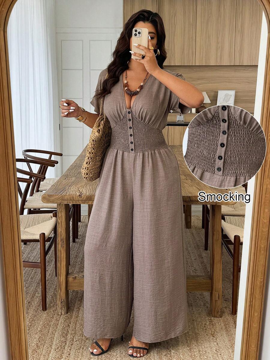 Weeklong Bộ áo liền quần nữ cỡ lớn tay cánh dơi nhún bèo với cúc bấm ở eo, kiểu dáng thường ngày. - màu nâu - Xem 1