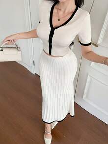 DAZY 女士优雅撞色V领针织衫和鱼尾裙两件套，夏季婚礼宾客礼服 - 白色 - 查看 5